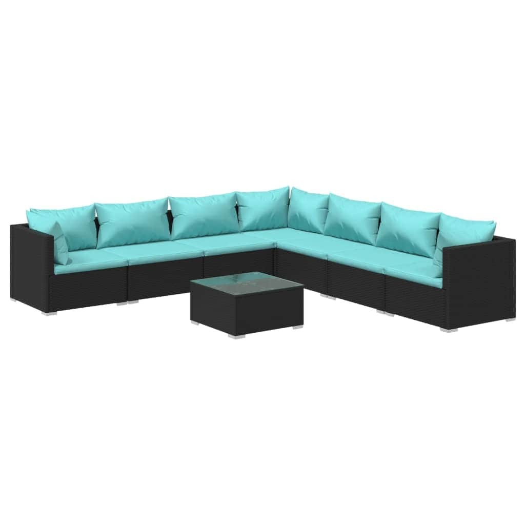 8 Piece Garden Lounge Set Black with Cushions Poly Rattan