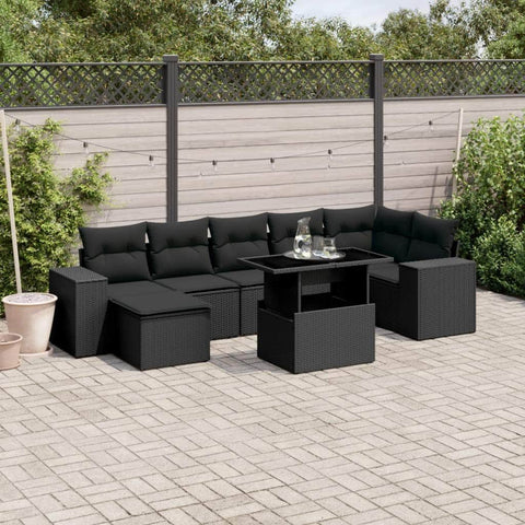 8 Piece Garden Sofa Set with Cushions Black - Poly Rattan