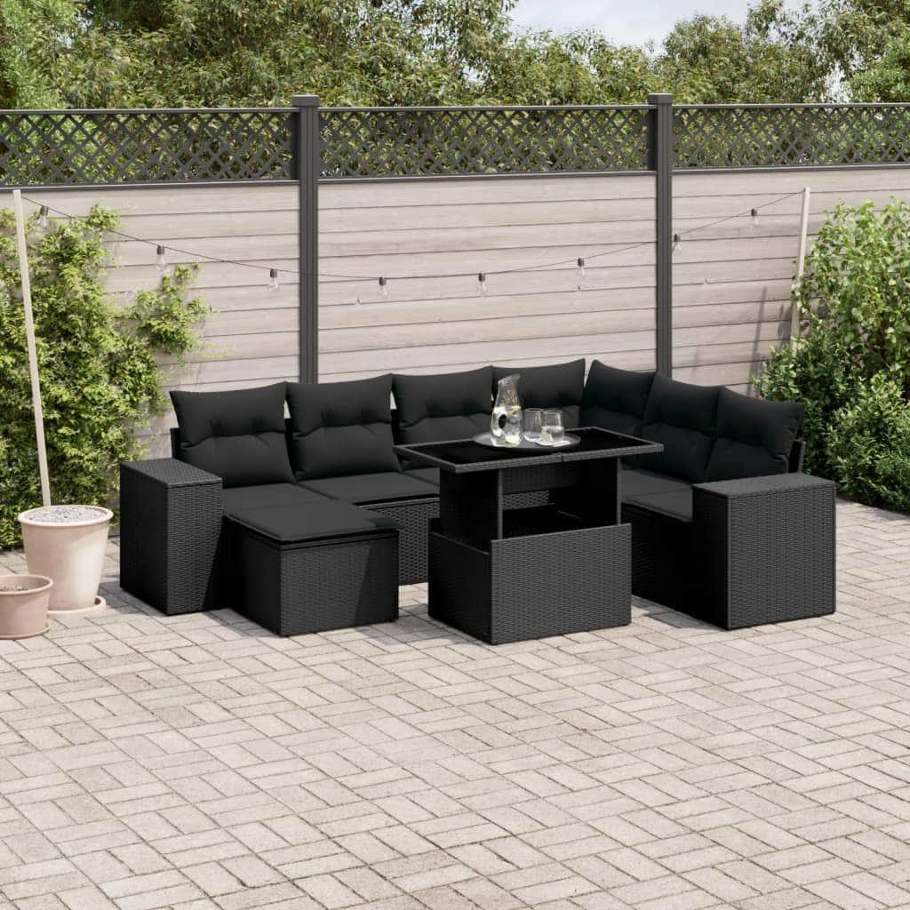 8 Piece Garden Sofa Set with Cushions Black - Poly Rattan