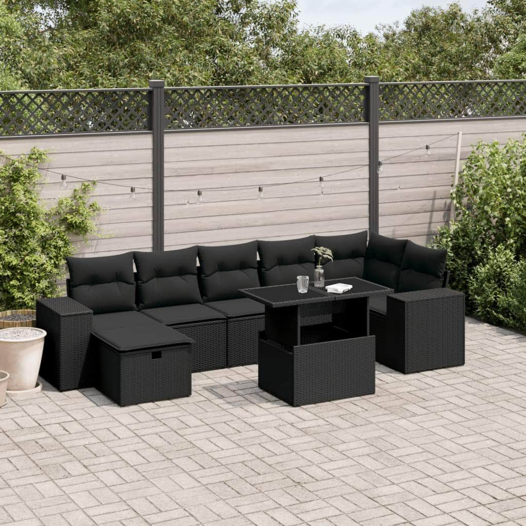 8 Piece Garden Sofa Set with Cushions Black - Poly Rattan