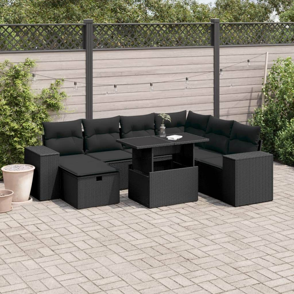 8 Piece Garden Sofa Set with Cushions Black - Poly Rattan