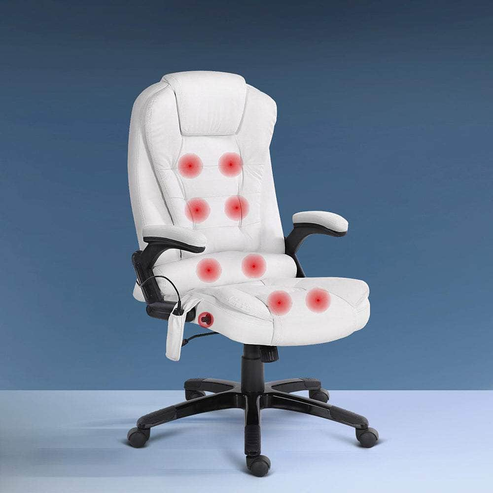 8 Point Massage Office Chair Heated Seat Recliner Pu White