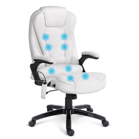 8 Point Massage Office Chair Heated Seat Recliner Pu White