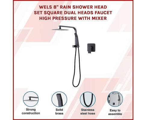 8" Rain Shower Head Set Square Dual Heads Faucet High Pressure With Mixer