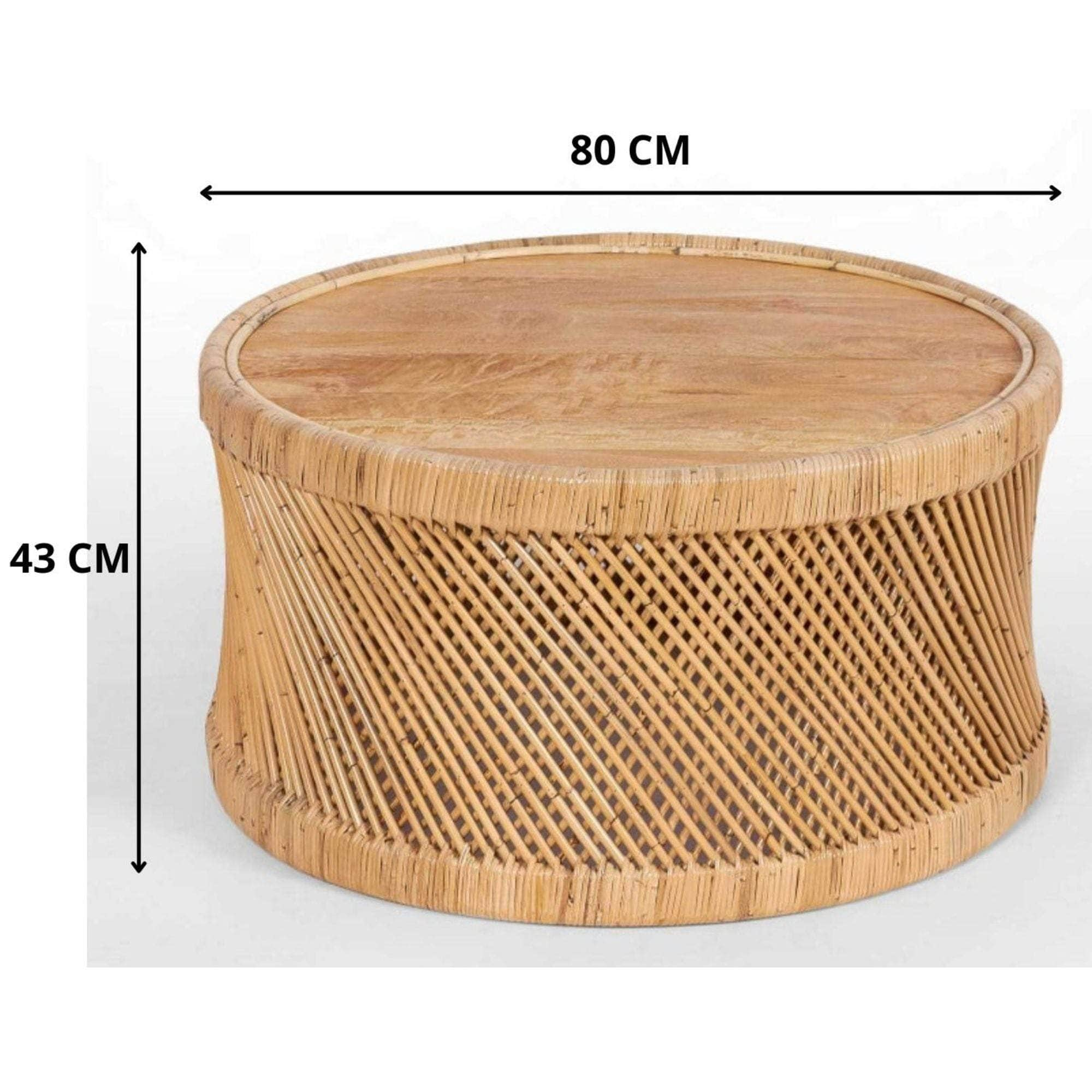 80Cm Round Coffee Table Mango Wood Top Rattan Frame - Natural