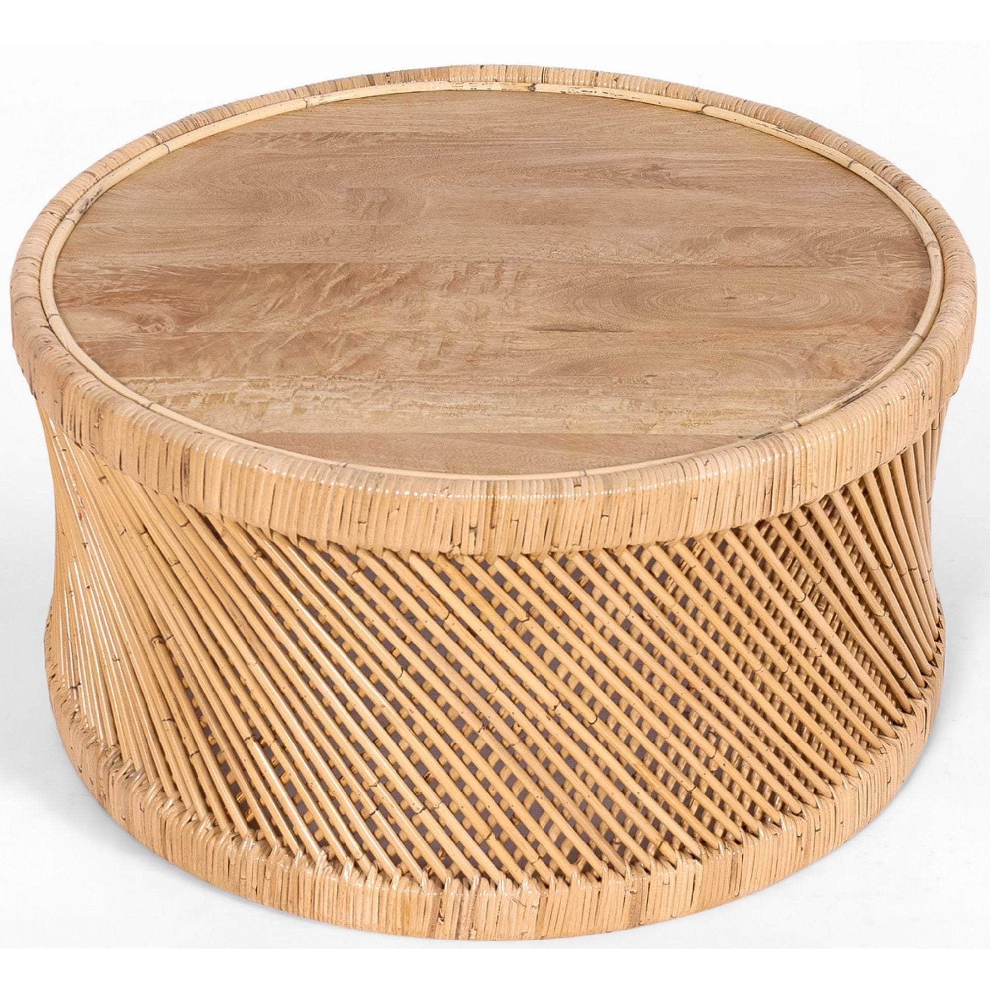 80Cm Round Coffee Table Mango Wood Top Rattan Frame - Natural