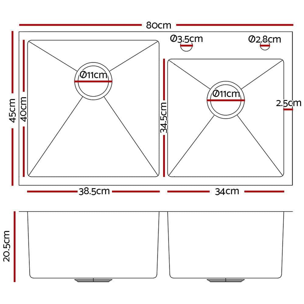 80Cm X 45Cm Stainless Steel Kitchen Sink Flush/Drop-In Mount Silver