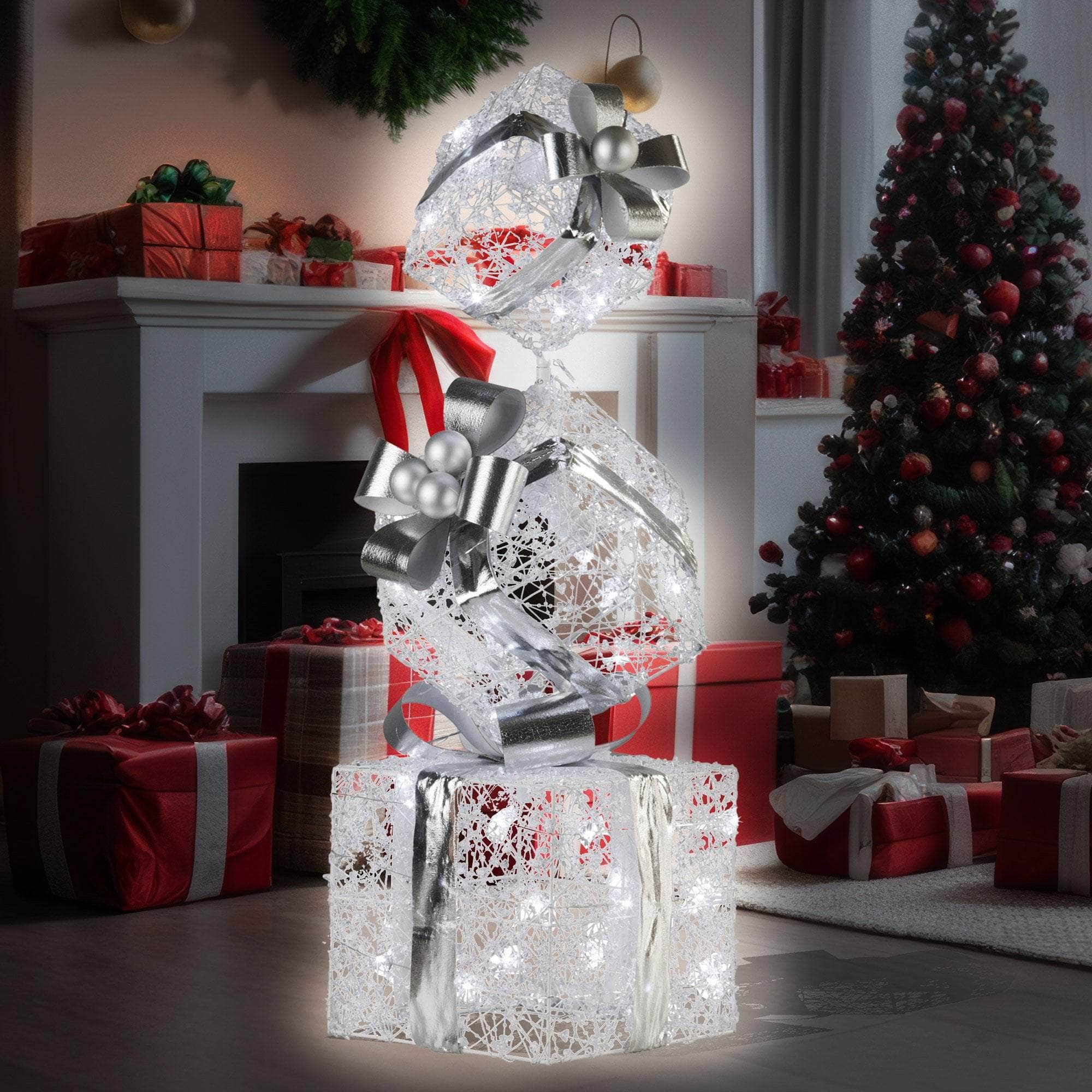 83cm Triple Christmas Silver Giftbox Stack Display with Lights