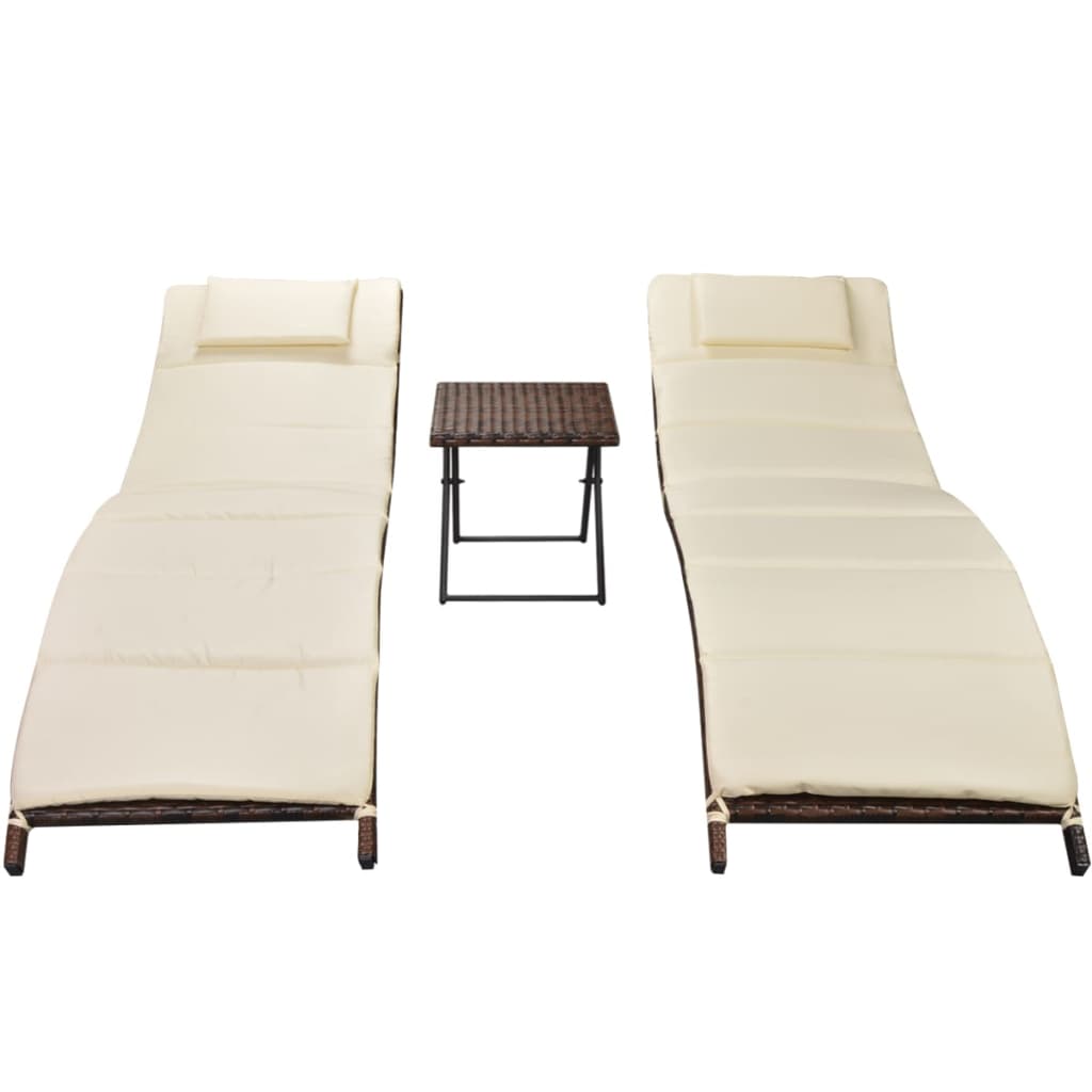 Folding Sun Loungers 2 pcs with Table Poly Rattan Brown