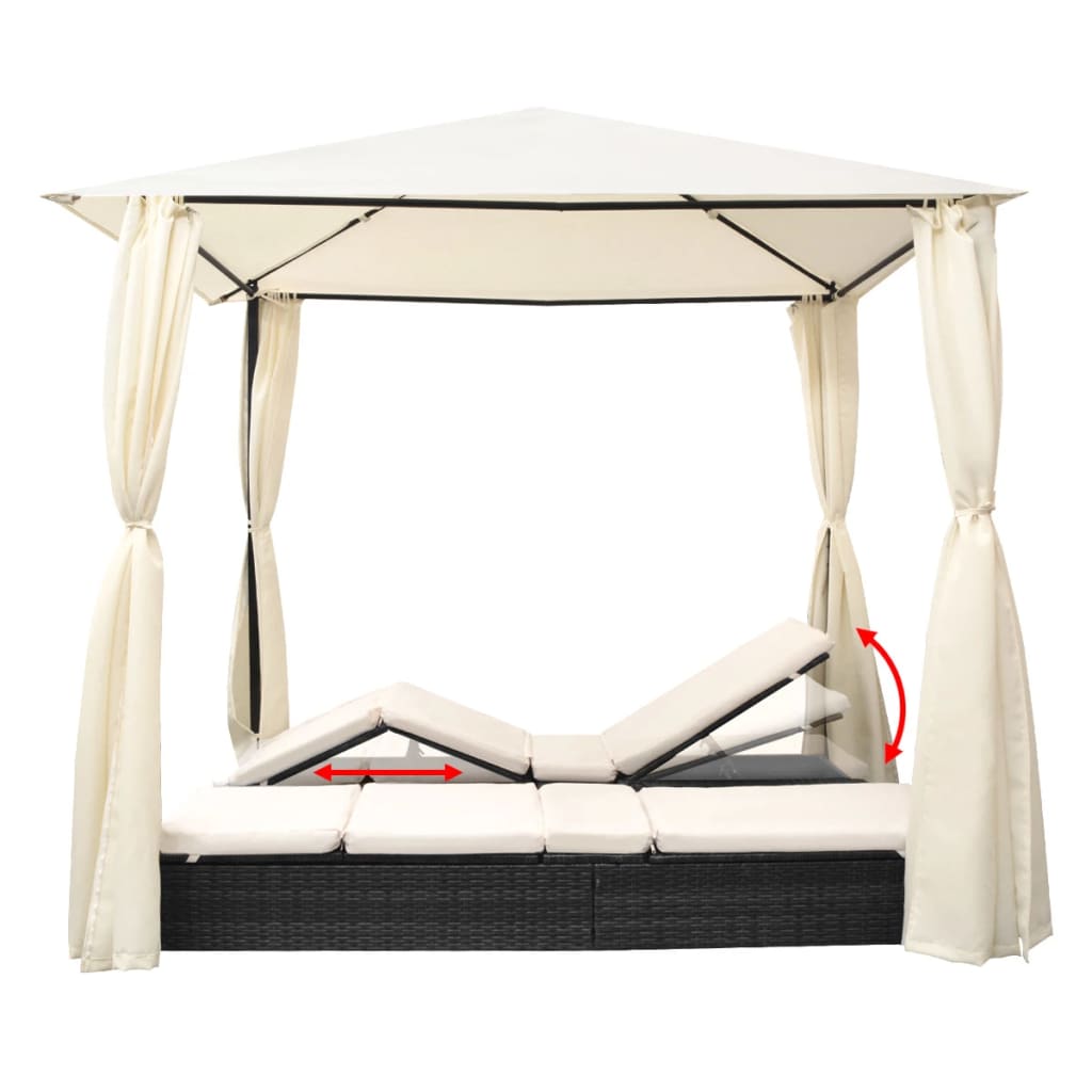 Double Sun Lounger with Curtains Poly Rattan Black