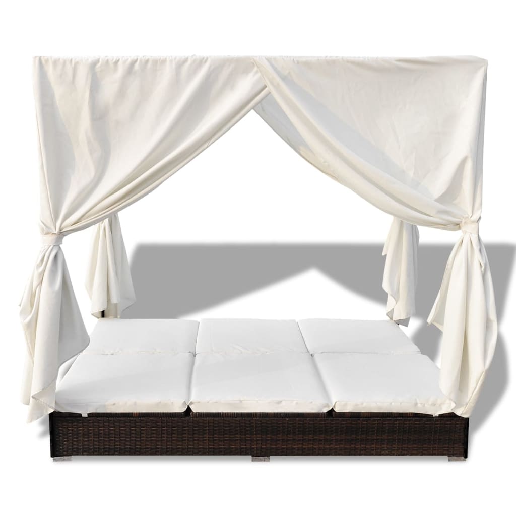 Outdoor Lounge Bed with Curtains Poly Rattan Brown