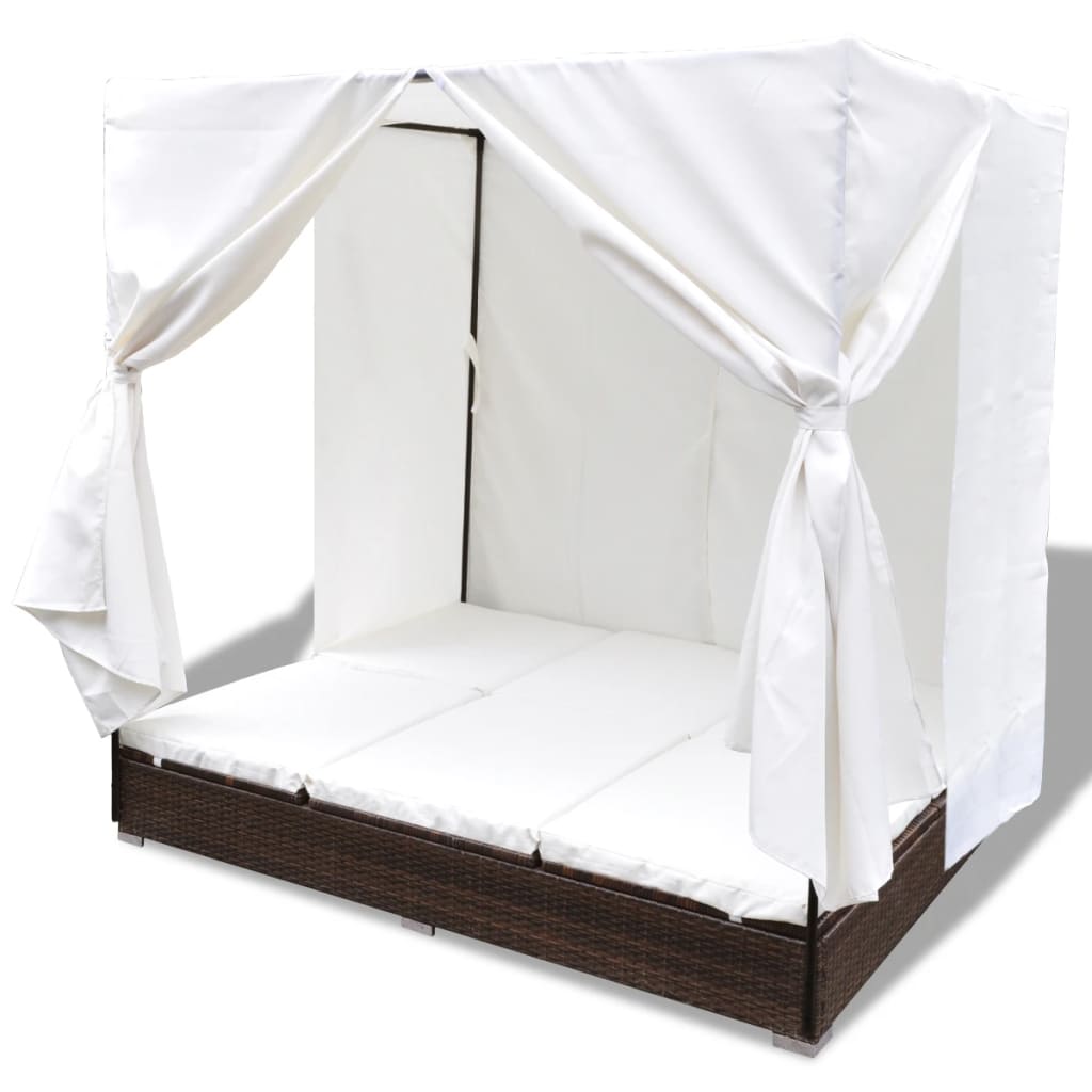 Outdoor Lounge Bed with Curtains Poly Rattan Brown