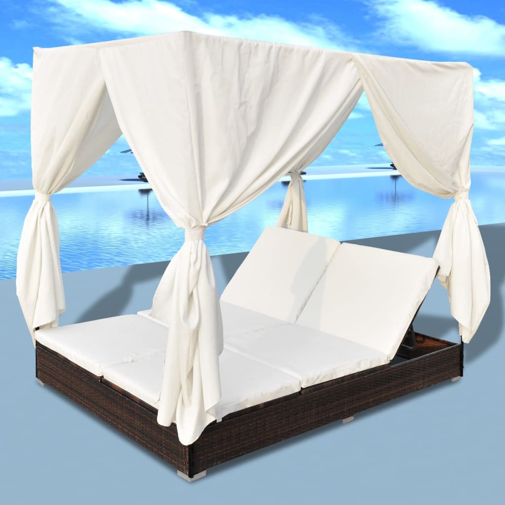 Outdoor Lounge Bed with Curtains Poly Rattan Brown