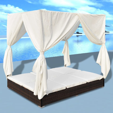 Outdoor Lounge Bed with Curtains Poly Rattan Brown