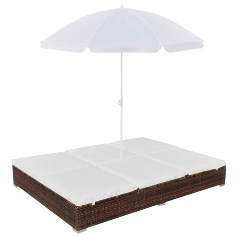 Outdoor Lounge Bed with Umbrella Poly Rattan Brown