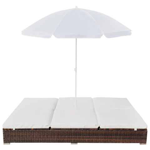 Outdoor Lounge Bed with Umbrella Poly Rattan Brown