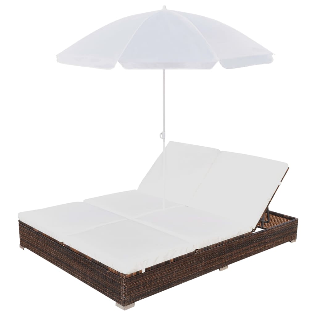 Outdoor Lounge Bed with Umbrella Poly Rattan Brown