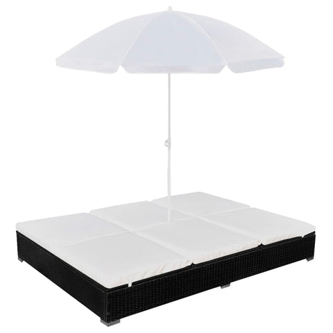 Outdoor Lounge Bed with Umbrella Poly Rattan Black