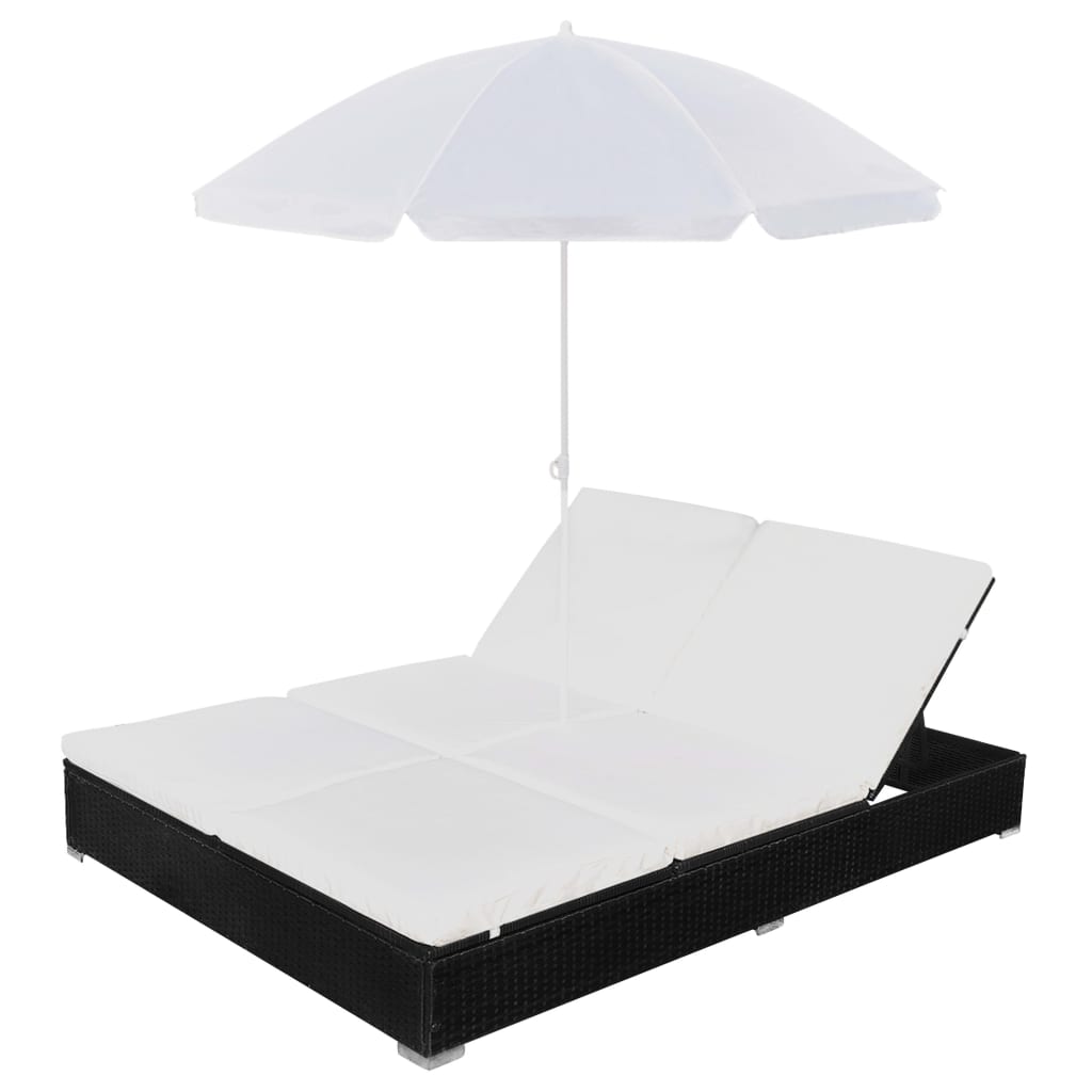 Outdoor Lounge Bed with Umbrella Poly Rattan Black