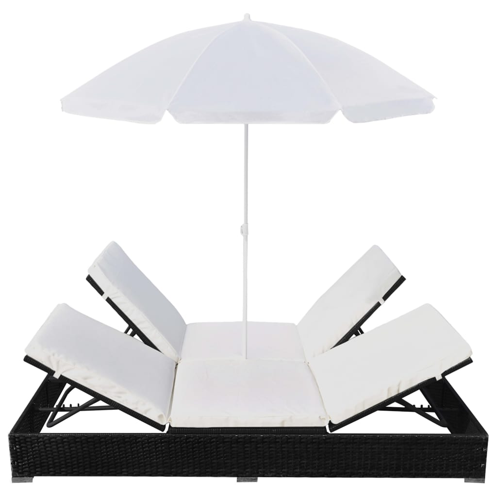 Outdoor Lounge Bed with Umbrella Poly Rattan Black