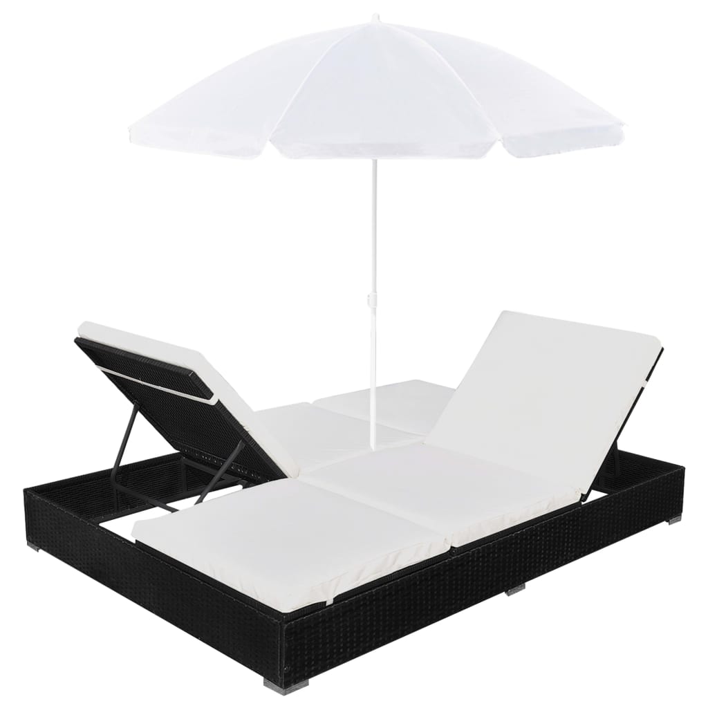 Outdoor Lounge Bed with Umbrella Poly Rattan Black