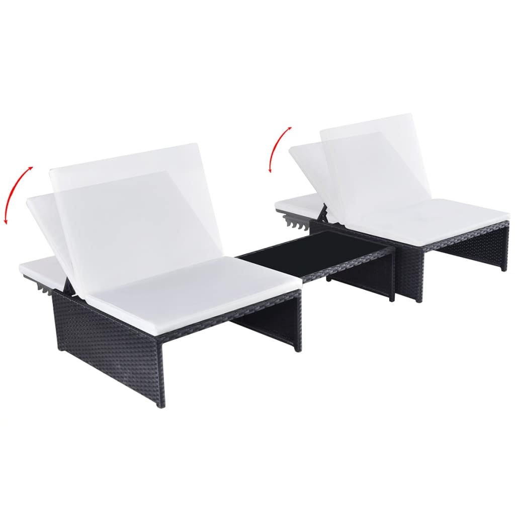 Sun Loungers 2 pcs with Table Poly Rattan Black