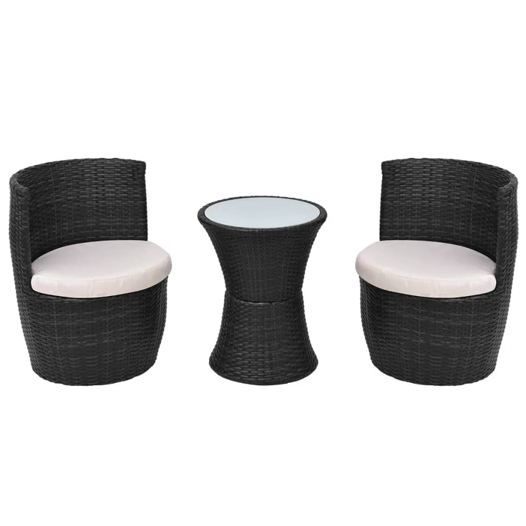 3 Piece Bistro Set with Cushions Poly Rattan Black