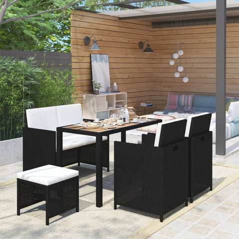 6 Piece Outdoor Dining Set Black Poly Rattan Acacia Wood