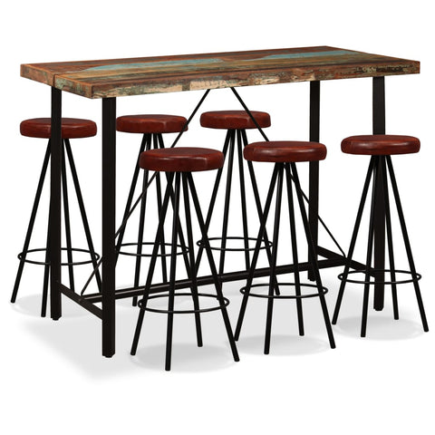 7 Piece Bar Set Solid Reclaimed Wood and Genuine Leather