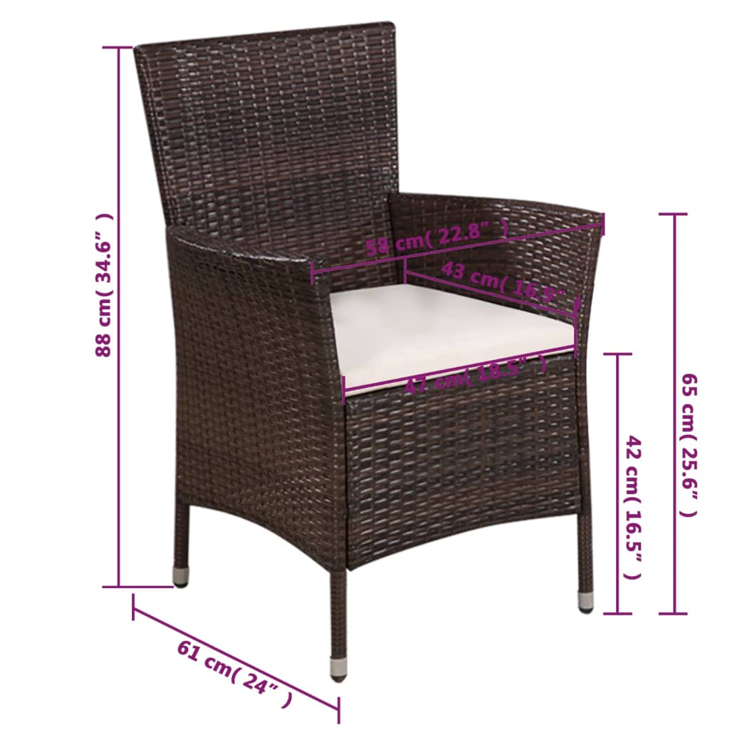 Outdoor Chair and Stool with Cushions Poly Rattan Brown