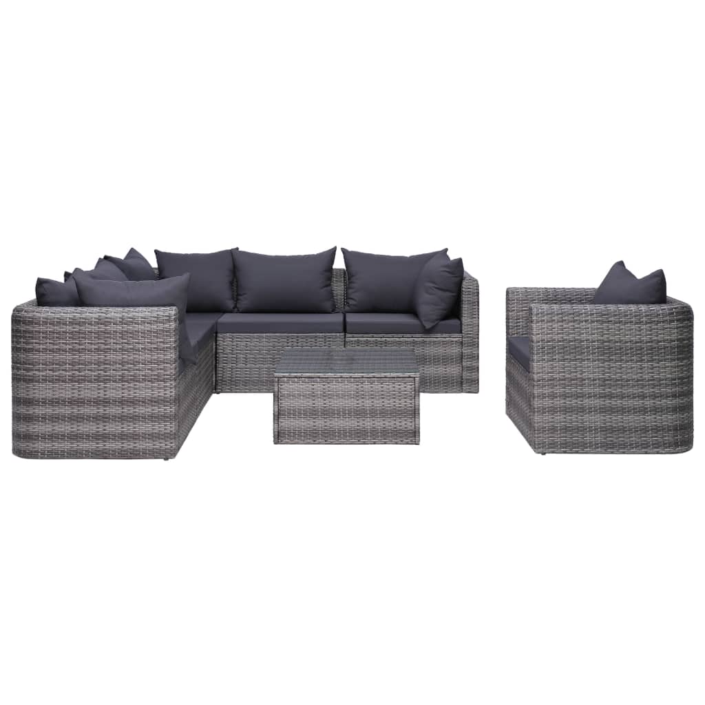 7 Piece Garden Sofa Set with Cushions & Pillows Poly Rattan Grey