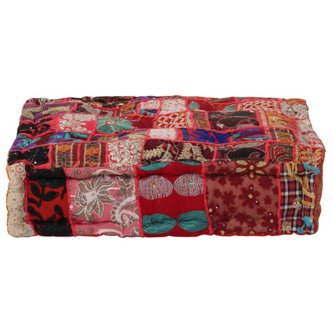 Patchwork Pouffe Square Cotton Handmade Red