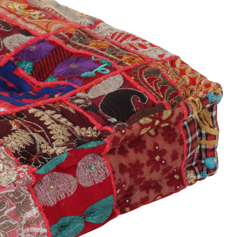 Patchwork Pouffe Square Cotton Handmade Red