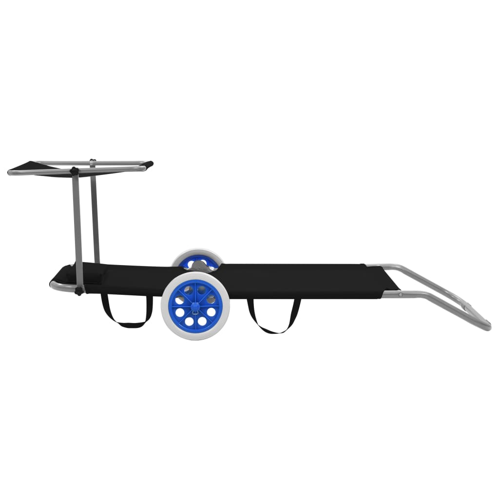 Folding Sun Lounger with Canopy and Wheels Steel Black