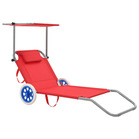 Folding Sun Lounger with Canopy and Wheels Steel Red