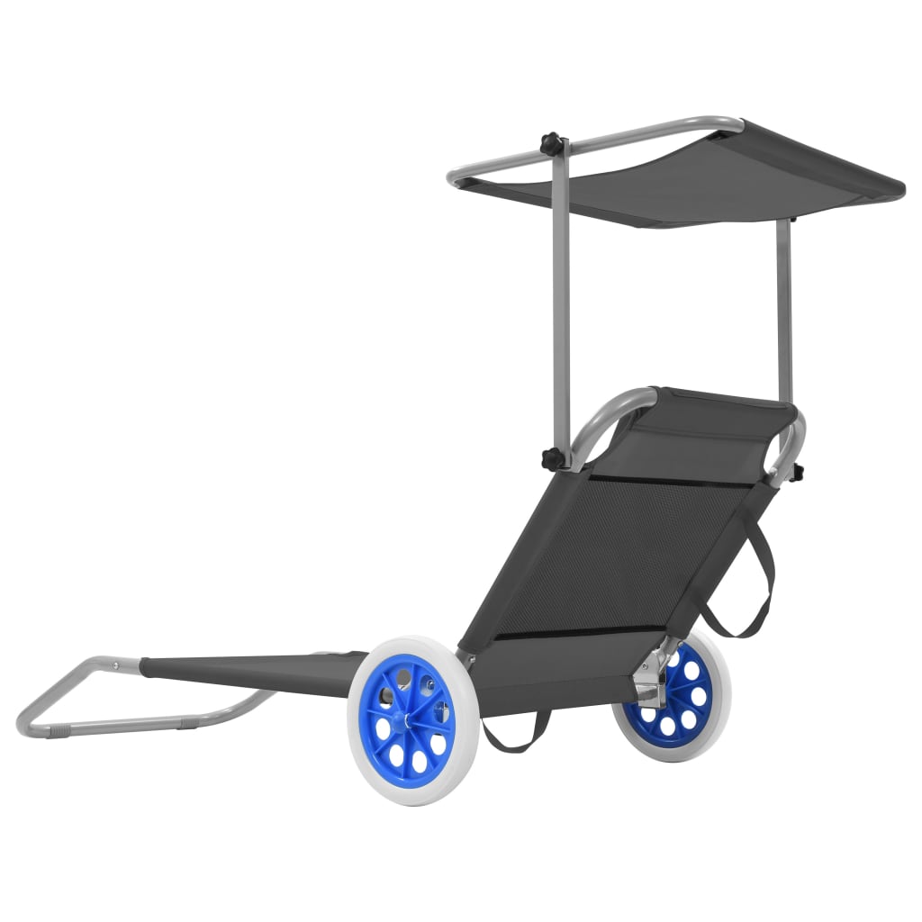 Folding Sun Lounger with Canopy and Wheels Steel Grey