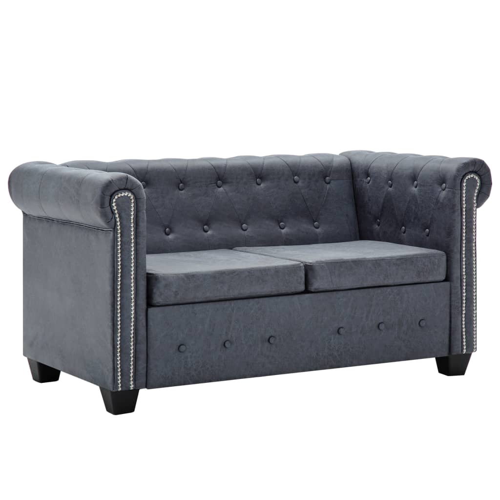 Chesterfield Sofa Set Artificial Suede Leather Grey