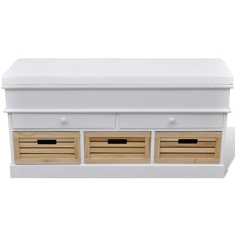 White Storage & Entryway Bench with Cushion Top 2 Draw 3 Crate