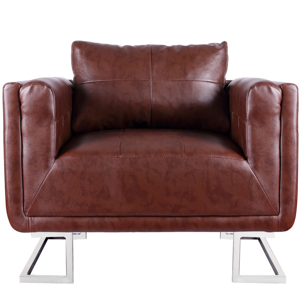 Cube Armchair with Chrome Feet Brown Leather