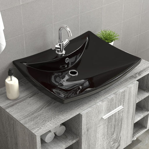 Black Luxury Ceraic Basin Rectangular with Overflow & Faucet Hole