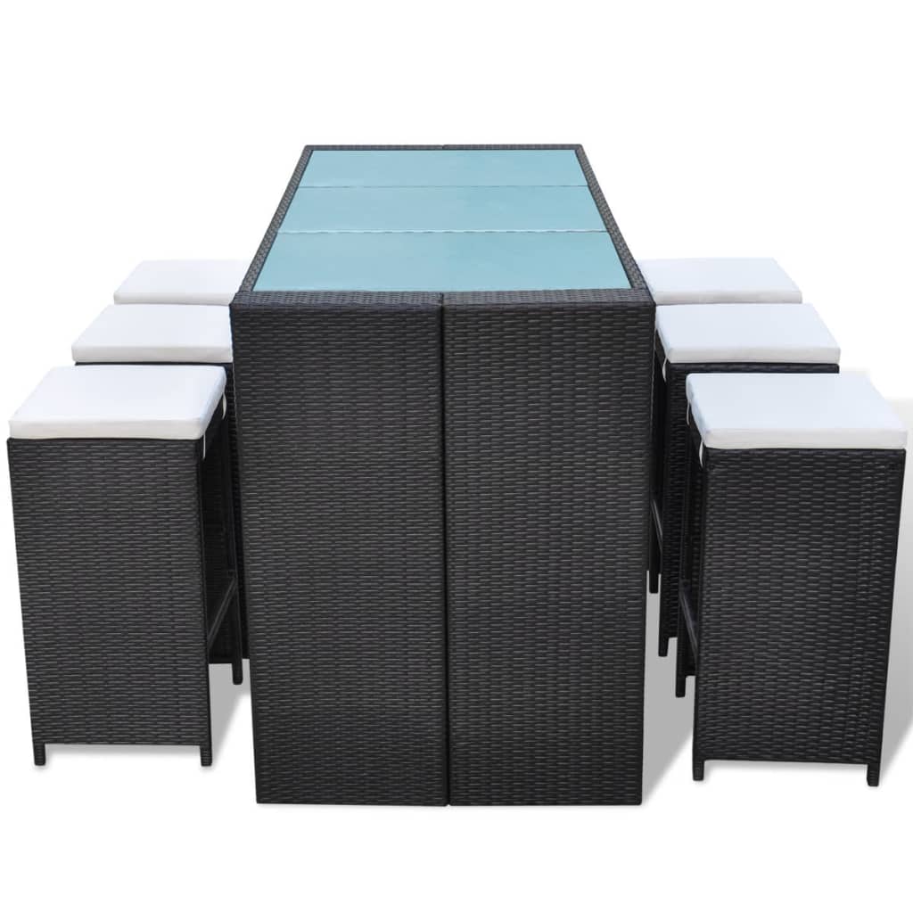 7 Piece Garden Bar Set with Cushions Poly Rattan Black