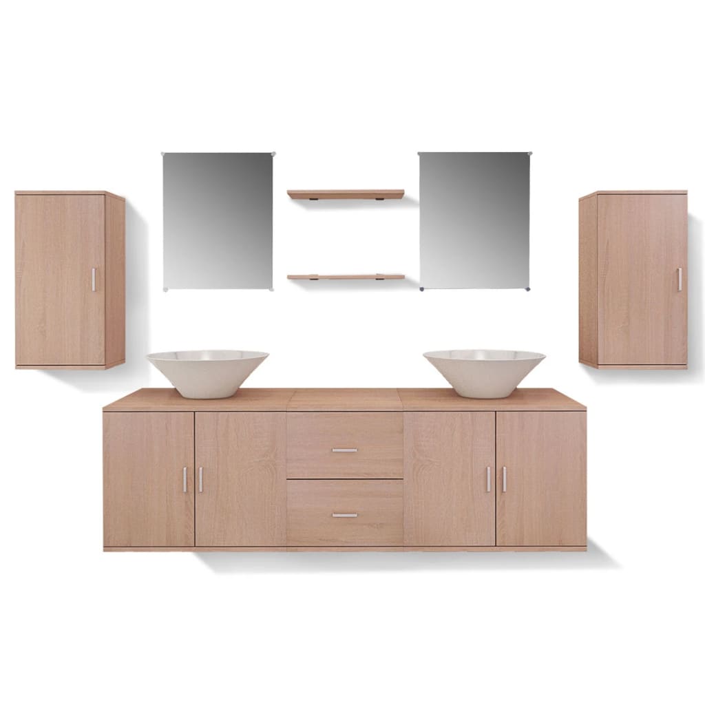 Nine Piece Bathroom Furniture and Basin Set Beige