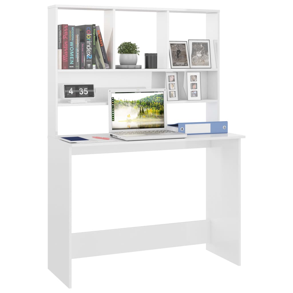 Desk with Shelves High Gloss White Chipboard