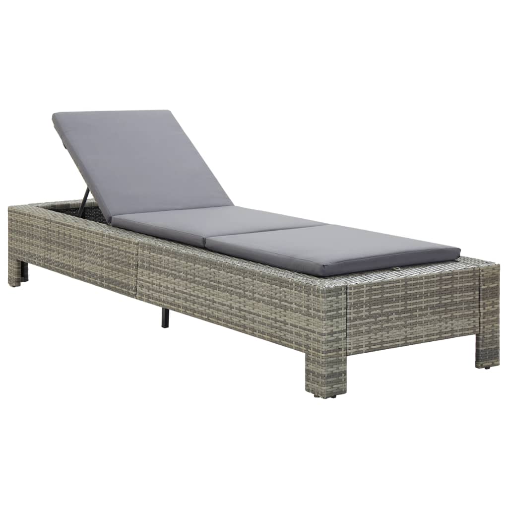 Sunbed with Cushion Grey Poly Rattan