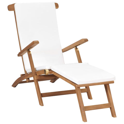 Deck Chair with Cushion Cream White Solid Teak Wood