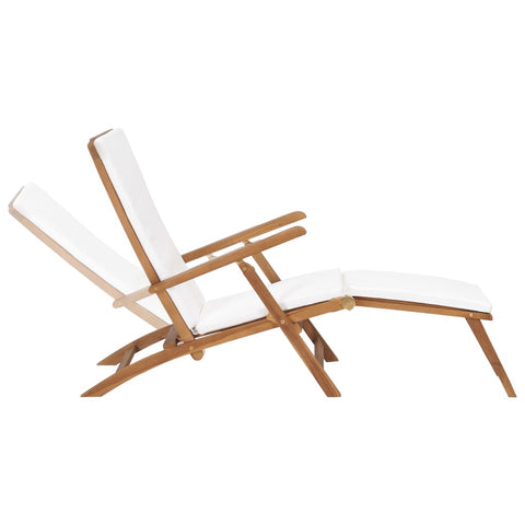 Deck Chair with Cushion Cream White Solid Teak Wood