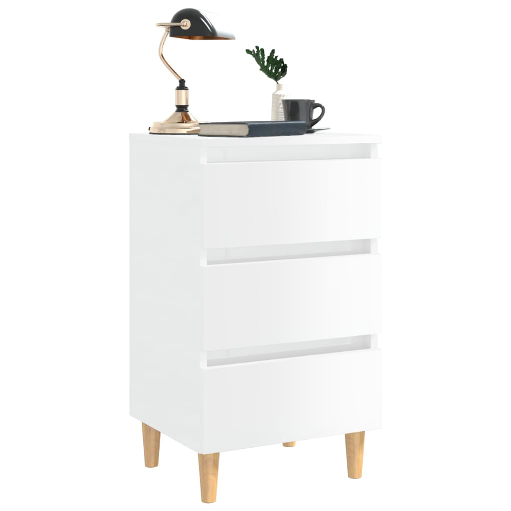 Bed Cabinet with Solid Wood Legs High Gloss White