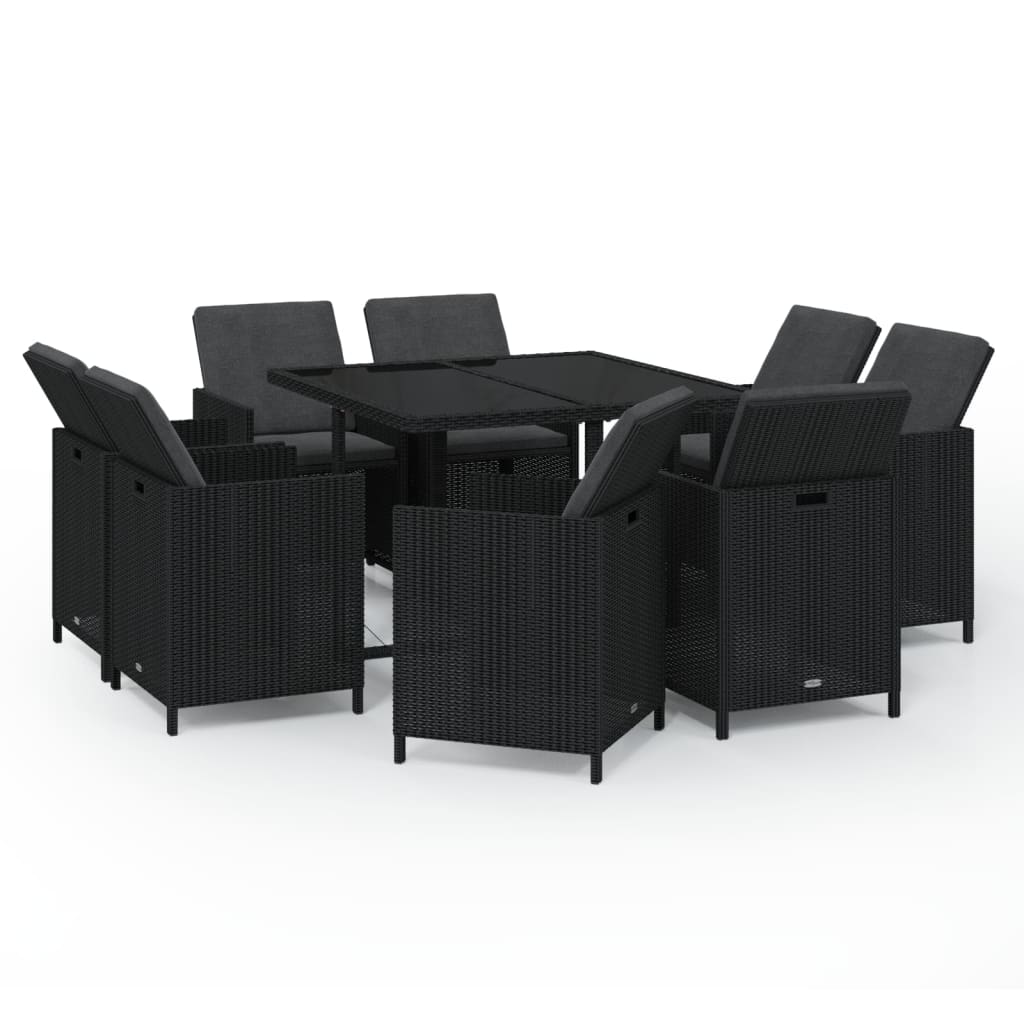 Rattan Noir Dining Delight: 9-Piece Black Poly Rattan Garden Dining Set with Plush Cushions