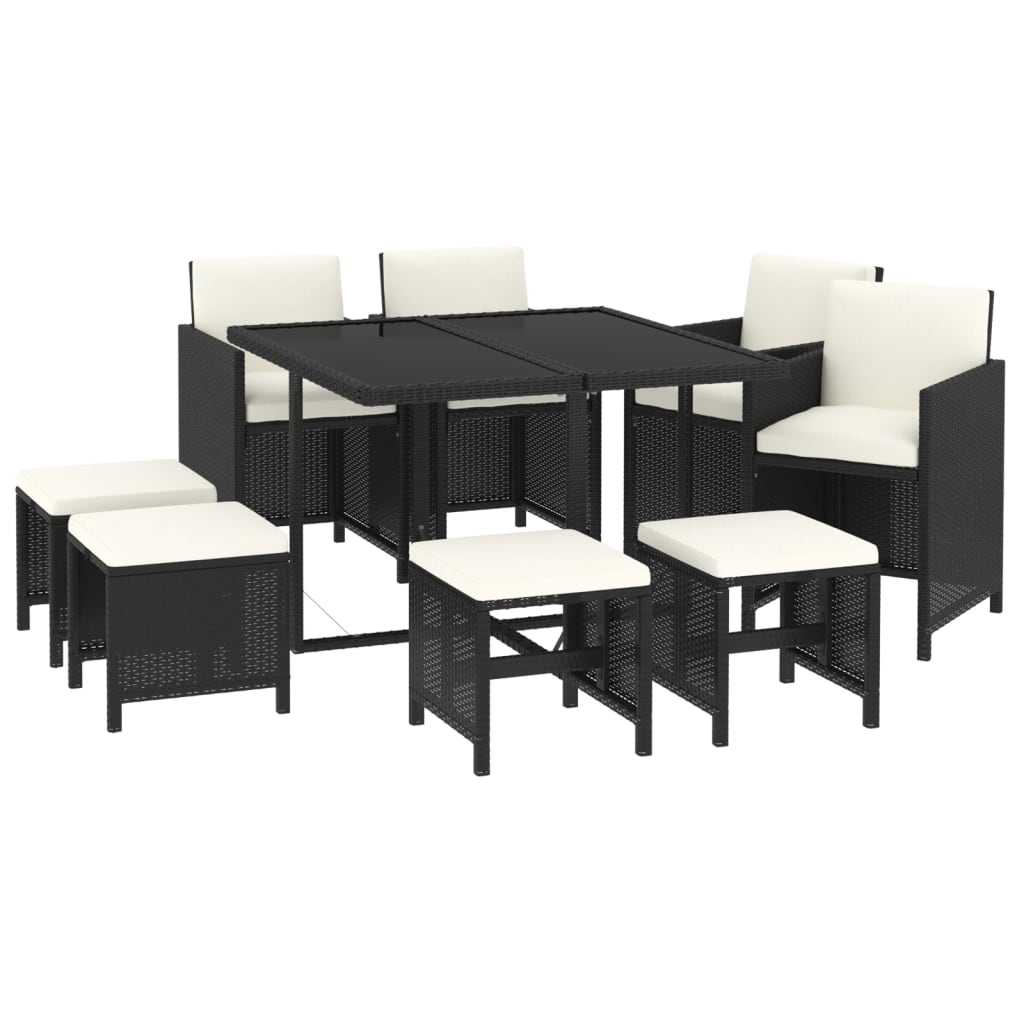 Rattan Dining Delight: 9-Piece Black Poly Rattan Garden Dining Set with Plush Cushions