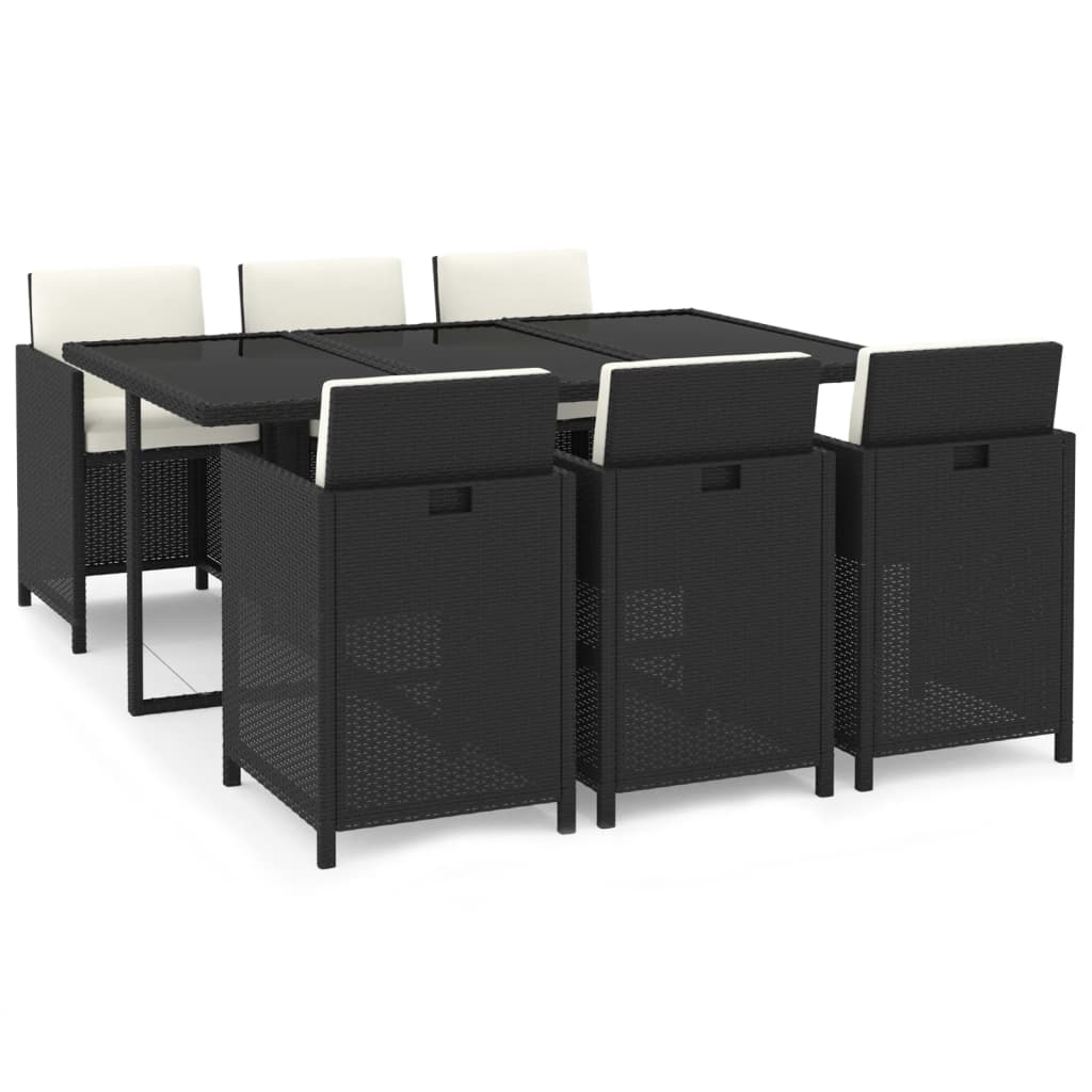 Rattan Noir Dining Splendor: 7-Piece Garden Dining Set in Black with Plush Cushions